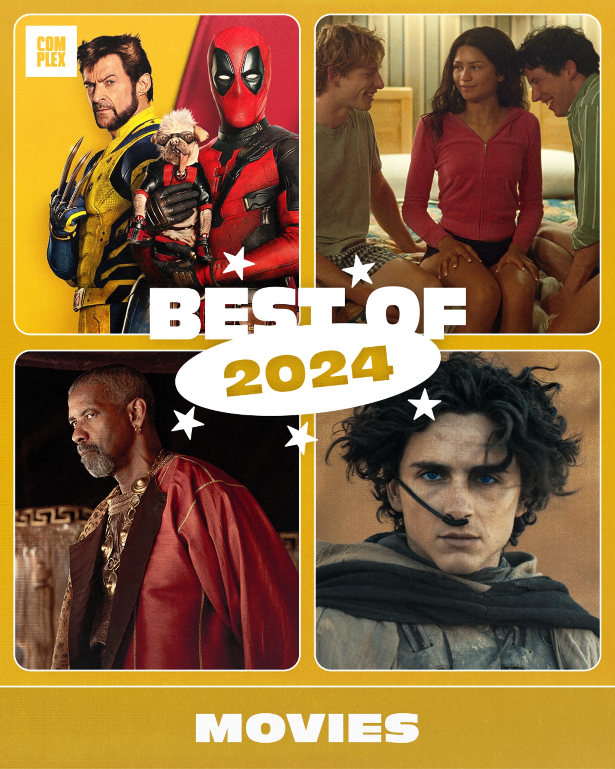 Collage of 2024 films: Hugh Jackman as Wolverine, Ryan Reynolds as Deadpool, Denzel Washington in regal attire, and Timothée Chalamet in a desert setting.