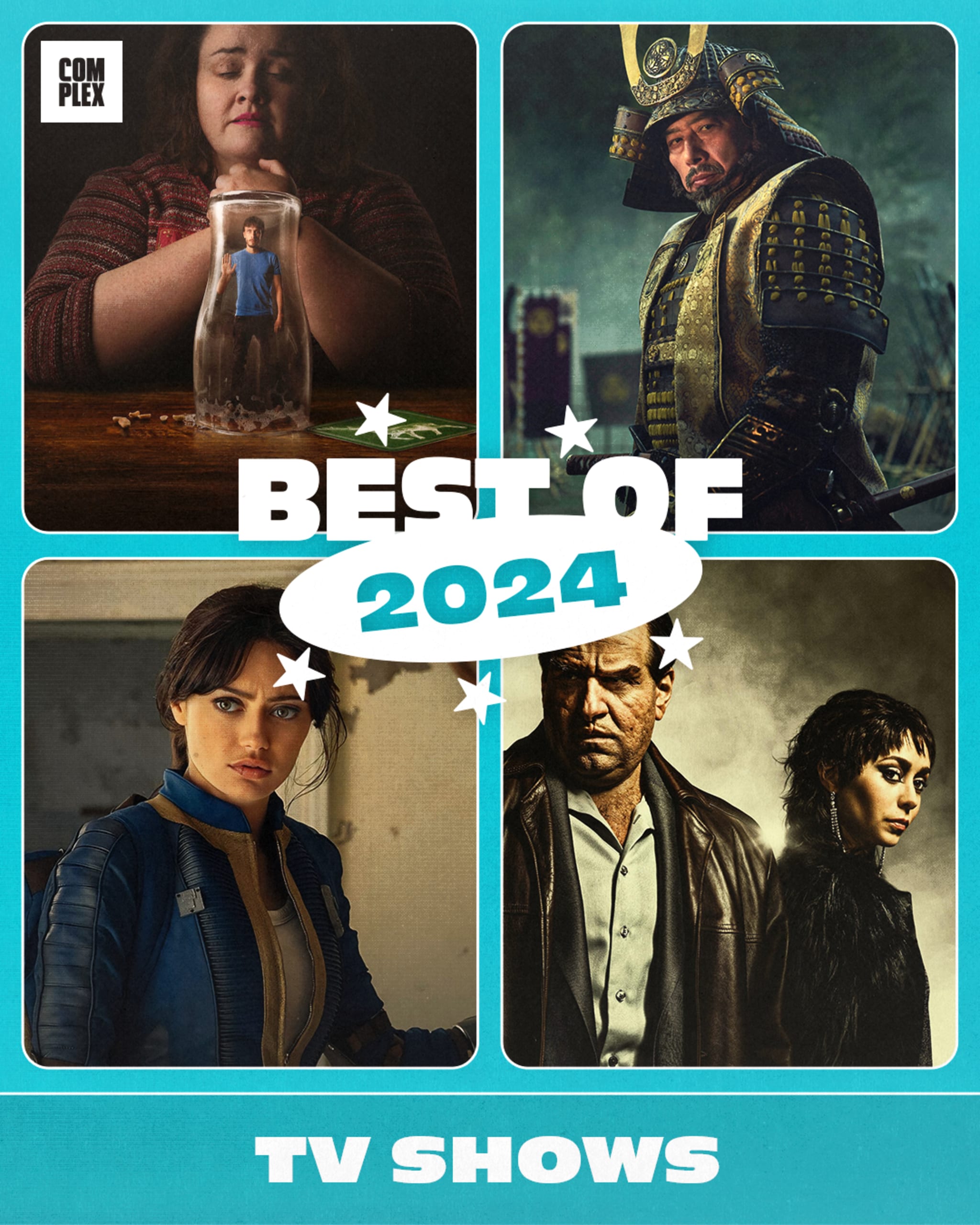 Collage with four scenes: a woman with a jar, a samurai, a woman in a blue uniform, and two people in dark attire. Text reads "BEST OF 2024."