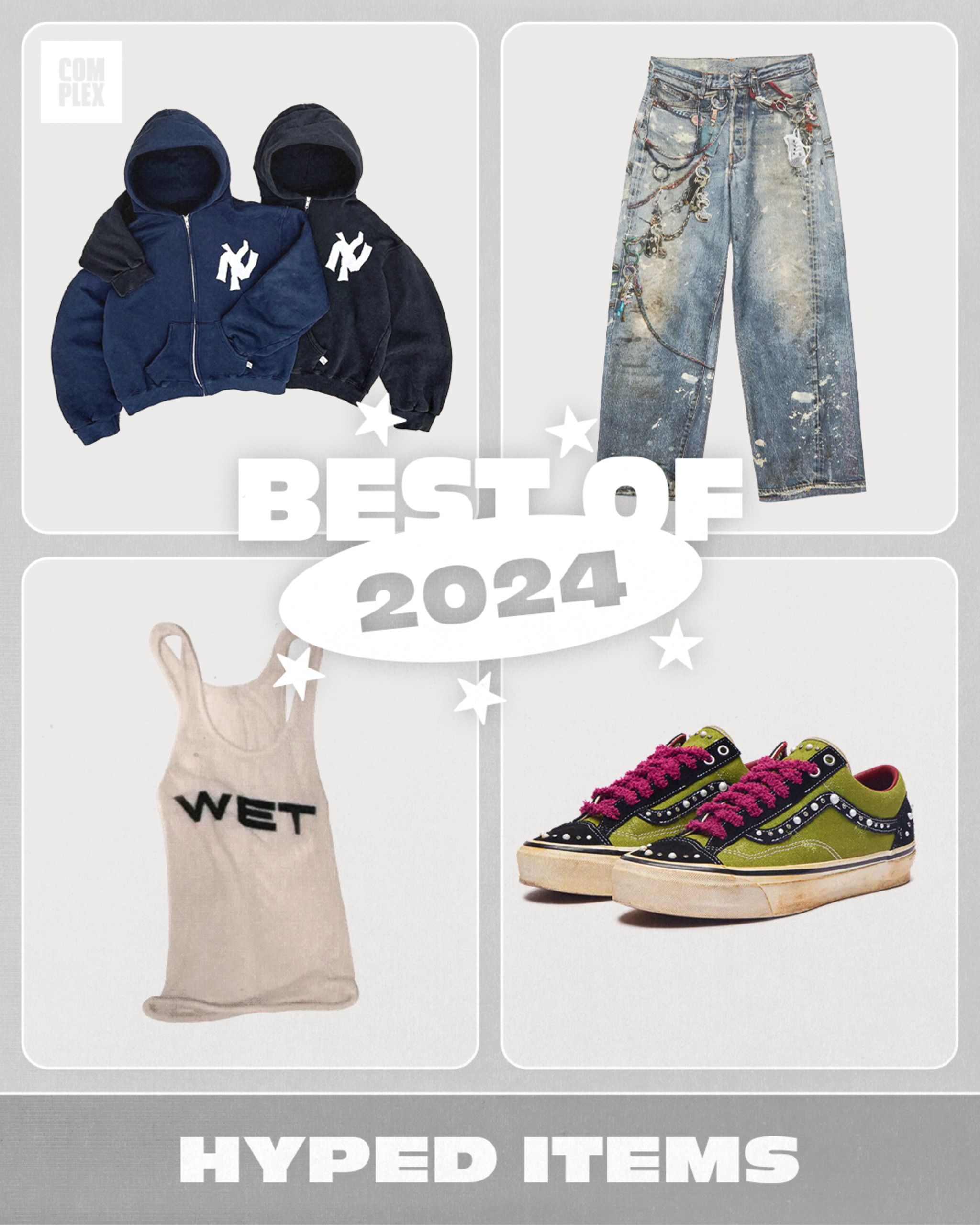 Collage of hyped fashion items for 2024: NY hoodies, distressed jeans, a tank top with "WET," and studded sneakers with pink laces.