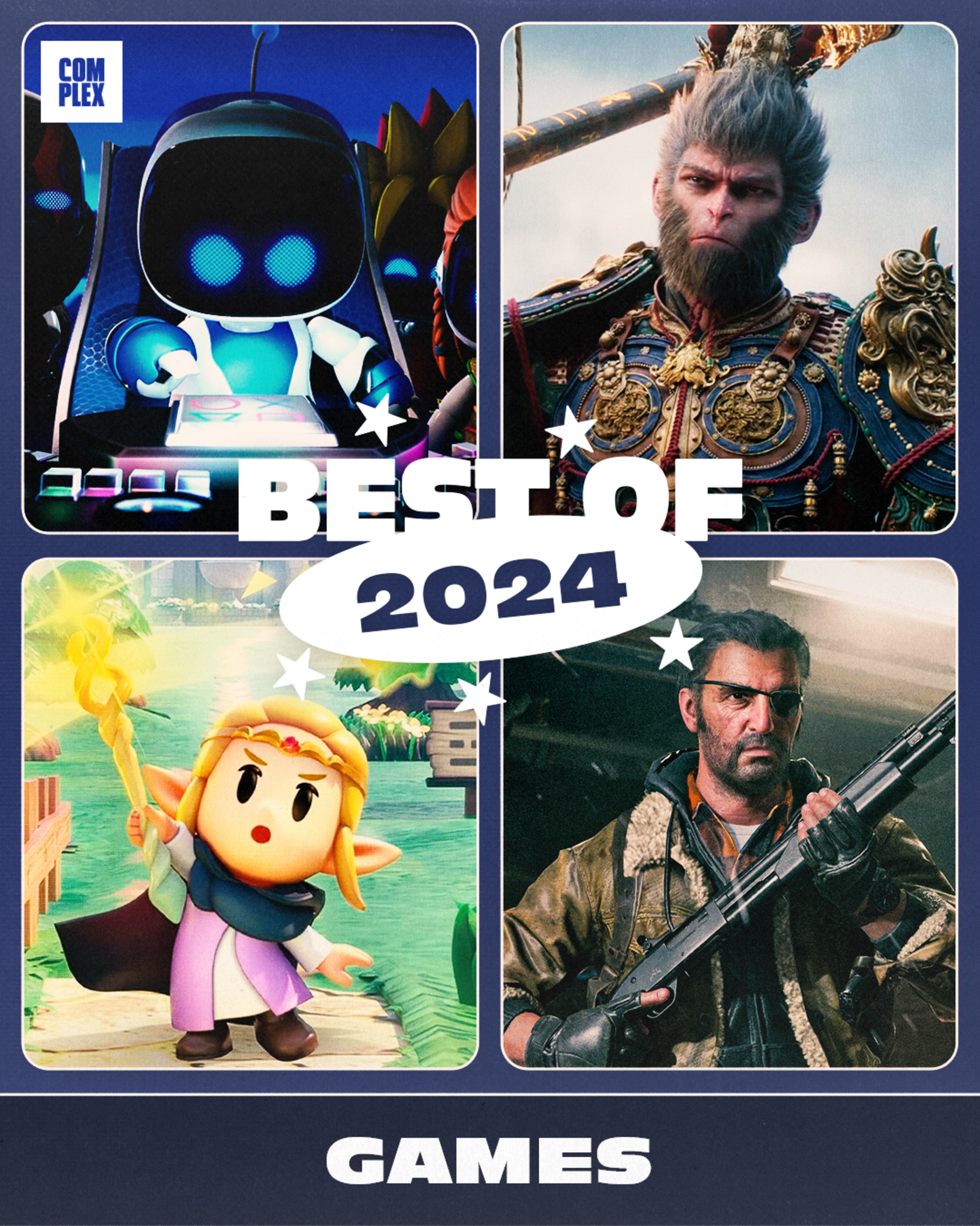 Collage of video game characters with "Best of 2024" text. Features a futuristic scene, a warrior, a cartoon character, and an action trio.